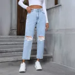 Womens Casual Loose Straight Leg Ripped Denim Jeans European and American Style Perfect for Ever