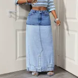 Color Block Denim Midi Skirt Casual Style High Slit Design Versatile for Everyday Wear Wholesale