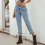 High Waisted Denim Cargo Pants Fashionable Versatile Pocketed Casual Wear for Women Ready to Shi