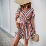 Casual Beach Vacation Dress Colorful Striped Design Shirt Collar Lightweight Fabric Summer Wear Wholesale Availa