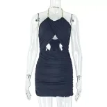 Metal Chain Halter Neck Bodycon Dress Ruffled Hollow Out Slim Fit Fashionable Evening Wear Party