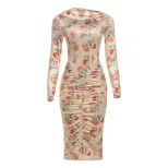 Fashionable Long Sleeve Bodycon Dress Unique Print Ruffled Design Sexy Silhouette Autumn Winter
