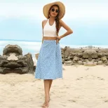 High Waisted Floral Split Skirt Summer Style Blue Color Comfortable Fabric Perfect for Casual Ou