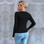 Womens Long Sleeve Cropped T Shirt Slim Fit Split Hem Elegant Style Perfect for Spring Summer Of