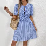 Vintage Striped Dress Summer Collection Round Neck Bow Tie Detail Elegant Style Wholesale Availa