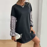 Color Block Leopard Print Hoodie Dress Flared Silhouette Long Sleeve Comfortable Fabric Casual A