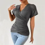 Knit Deep V Neck Top Slimming Waist Ruched Design Sexy Casual Wear for Women Wholesale Available