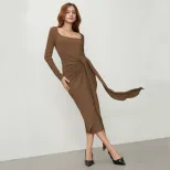 Long Sleeve Square Neck Dress High Waist Mid Length Elegant Style Autumn Winter Womens Fashion W