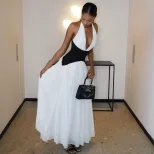 A Line Dress Ruched Color Block Deep V Neck Backless Elegant Evening Wear Wholesale Available