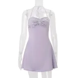 French Style Womens Summer Dress Elegant Hollow Embroidery Sequin Satin Halter Neck Perfect for