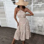 Floral Print Halter Dress Elegant Slim Fit Summer Style Perfect for Vacations and Casual Outings