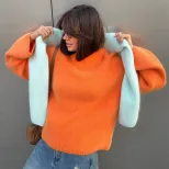 Womens Oversized Knit Sweater Round Neck Faux Mink Fabric Long Sleeve Casual Style Perfect for S