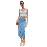 A Line Split Hem Denim Skirt Elegant Design High Waist Comfortable Fit Casual Wear Spring Summer