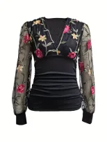 Womens Floral Embroidered Lace Panel T Shirt Ruffled Design Sexy Style Casual Wear Wholesale Ava