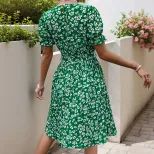 Summer Floral Print Pleated Dress Fresh Design Round Neck Tie Waist Casual Wear for Women OEM Av
