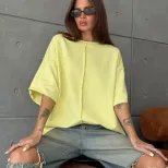 Womens Loose Fit Cotton T Shirt Distressed Short Sleeve Color Block Design Spring Summer Casual