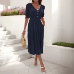 Casual Puff Sleeve V Neck Dress Simple Design Wrinkled Fabric Solid Color Perfect for Office Wea
