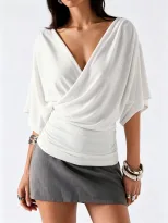 French Style Batwing Sleeve Top V Neck Ruched Waist Slim Fit Elegant Casual Wear for Office Whol
