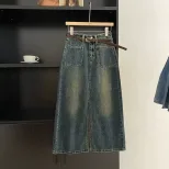 水泥灰开叉设计感牛仔半身裙女秋季高腰中长款a字包臀百搭一步裙
