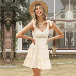 Cotton Linen Summer Dress Solid Color Bow Tie Sleeveless Casual Wear for Women Wholesale Availab