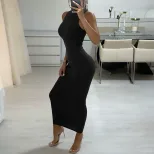 Womens Fashion Sleeveless Bodycon Dress Round Neck Elegant Fit Color Block Design Perfect for Pa