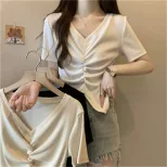 Plus Size Womens V Neck Ruched Slim Fit Short Sleeve T Shirt Unique Design Casual Wear