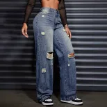 Womens Casual Loose Straight Leg Ripped Denim Jeans Comfortable Fit Stylish Design Versatile for
