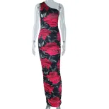 Sleeveless Asymmetrical Shoulder Dress Fashionable Floral Print Bodycon Fit Mid Length Casual Pa