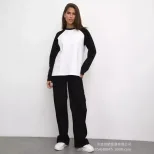 Womens Color Block Long Sleeve T Shirt Casual Loose Fit Round Neck Cotton Fabric Spring and Autu