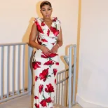 Elegant Floral Print Backless Long Dress Wrinkled Design Slim Fit Mid Waist Perfect for Parties