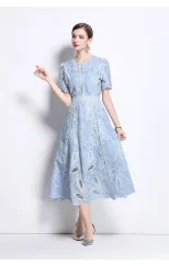 Elegant Womens Summer Dress with Hollow Embroidery and Waist Detail in Various Colors and Sizes for Casual Occasions
