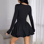 Spring Summer Womens Dress Long Sleeve Slim Fit Ruffled Hem Floral Design Casual or Party Wear W