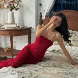 Red Lace Strapless Bodycon Maxi Dress French Style Elegant Fit High Quality Fabric Perfect for E
