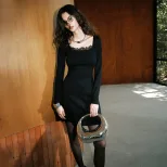 Black Lace Trim Long Sleeve Dress Slim Fit Waist Defining French Style Elegant Evening Wear Whol