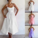 Elegant Womens Midi Dress Slim Fit Low Cut Spaghetti Straps Flared Skirt Office Wear or Evening