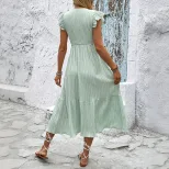 Sweet and Fresh V Neck Dress with Flutter Sleeves Solid Color Lightweight Fabric Perfect for Spr