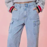 High Waisted Wide Leg Denim Trousers Loose Fit Utility Pockets Casual Style Womens Fashion Ready