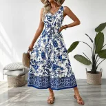 Vintage Floral Print Sleeveless Dress Summer Vacation Style Lightweight Fabric Elegant Design Wh