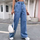 High Waisted Straight Leg Jeans Large Pockets Casual Style Comfortable Fit Perfect for Everyday