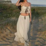 Womens Summer Fashion Set Stylish French Inspired Sleeveless Top Elegant Maxi Skirt Perfect for