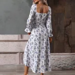 Floral Print Maxi Dress Square Neck High Waist Elegant Style Spring Summer Fashion Wholesale Ava
