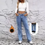 Womens Slim Fit Stretchy Fleece Lined Denim Pants Warm Comfortable Casual Style Wholesale Availa