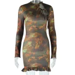 Long Sleeve Round Neck Tie Waist Mini Dress Vintage Floral Print Slim Fit Elegant Style Perfect