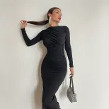 Womens Spring Dress Fashionable Solid Color Long Sleeve Slim Fit Round Neck Perfect for Casual o