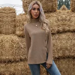 Womens Long Sleeve T Shirt Asymmetrical Design High Neck Solid Color Khaki Green Fall Winter Wholesale