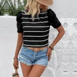 Retro Striped T Shirt Lace Puff Sleeves Summer Style Womens Fashion Wholesale Available ready to