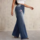 Vintage Embroidered Wide Leg Jeans Loose Fit Casual Style Womens Fashion Wholesale Available