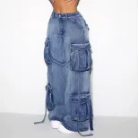 Womens Vintage Multi Pocket Stretch Casual Denim Overalls Retro Style European and American Fash