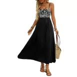 Summer Maxi Dress Sexy Floral Embroidery Spaghetti Straps Black and White Vacation Wear Wholesal
