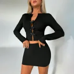 Womens Cropped Tie Front Long Sleeve T Shirt Slim Fit Sweet and Spicy Style Spring Summer Wear W
